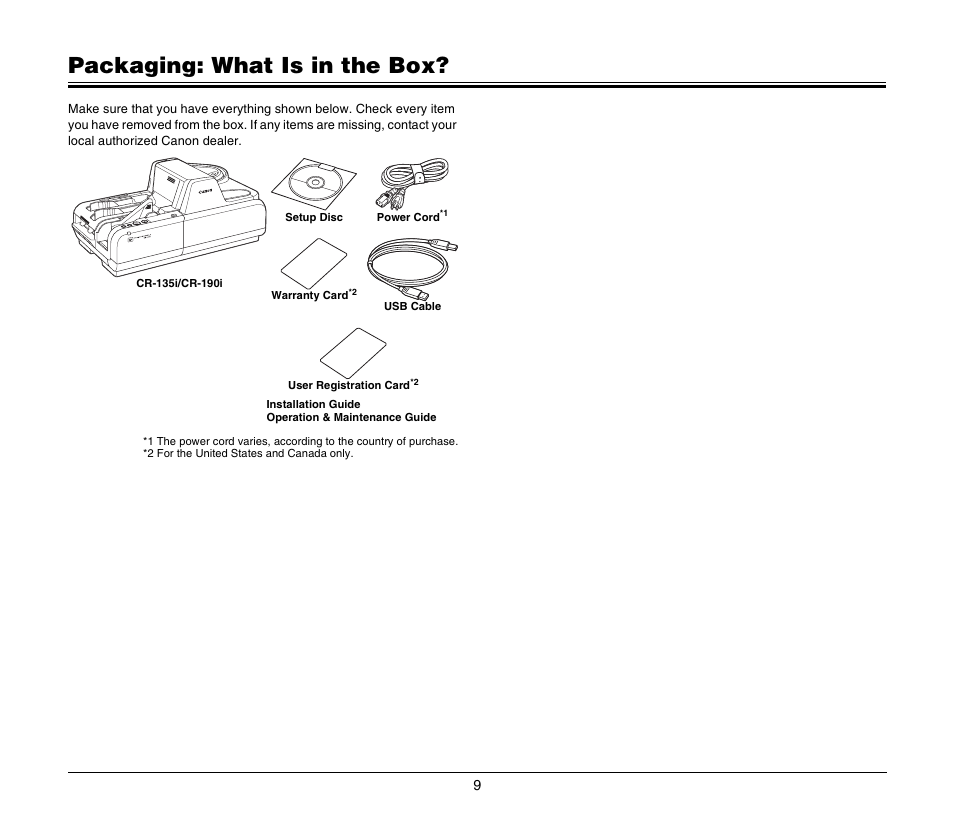 Packaging: what is in the box | Canon CR-135I User Manual | Page 9 / 19