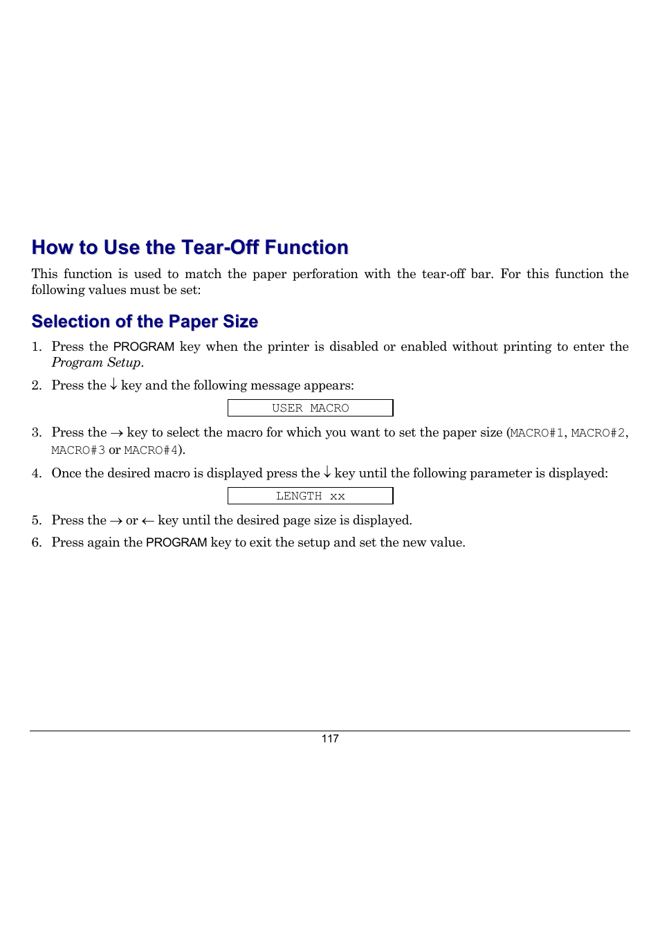 How to use the tear-off function, Selection of the paper size | Compuprint 10300 User Manual | Page 121 / 170