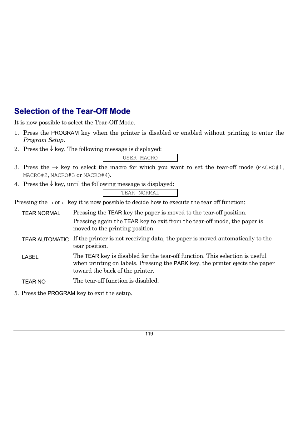 Selection of the tear-off mode | Compuprint 10300 User Manual | Page 123 / 170