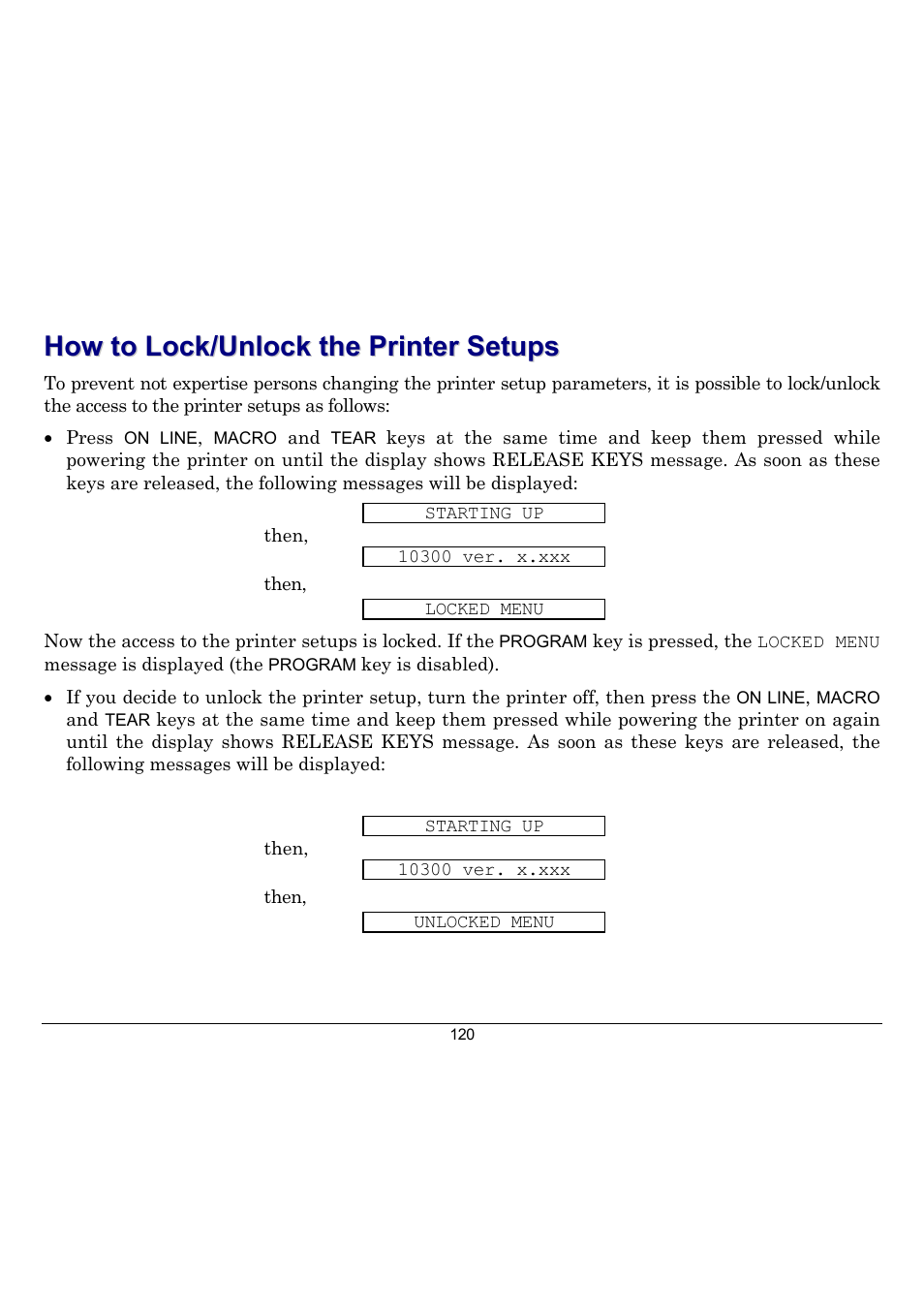 How to lock/unlock the printer setups | Compuprint 10300 User Manual | Page 124 / 170