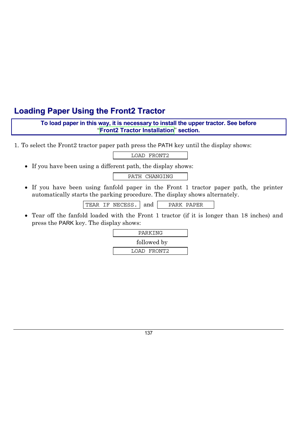 Loading paper using the front2 tractor, Loading paper using, The front2 tractor | Compuprint 10300 User Manual | Page 141 / 170