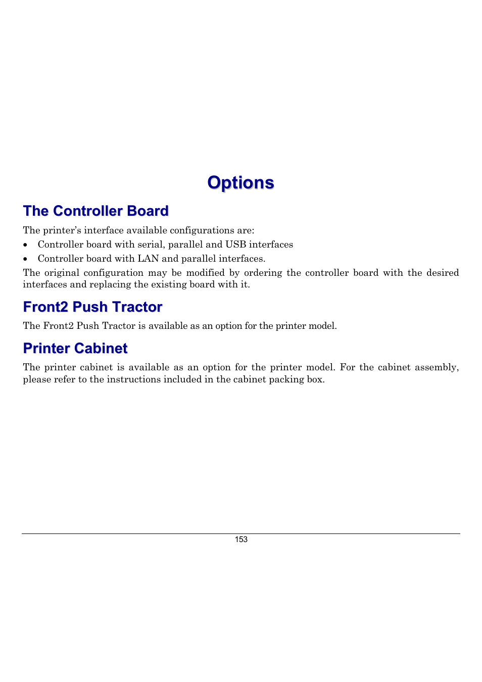 Options, The controller board, Front2 push tractor | Printer cabinet | Compuprint 10300 User Manual | Page 157 / 170