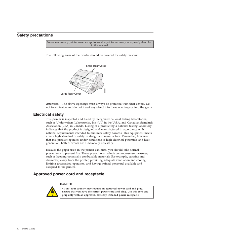 Safety precautions, Electrical safety, Approved power cord and receptacle | Compuprint 4247-L03 User Manual | Page 10 / 142