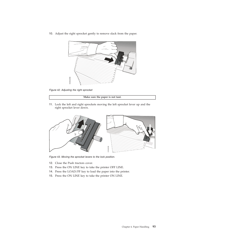 Adjusting the right sprocket, Moving the sprocket levers to the lock position | Compuprint 4247-L03 User Manual | Page 105 / 142