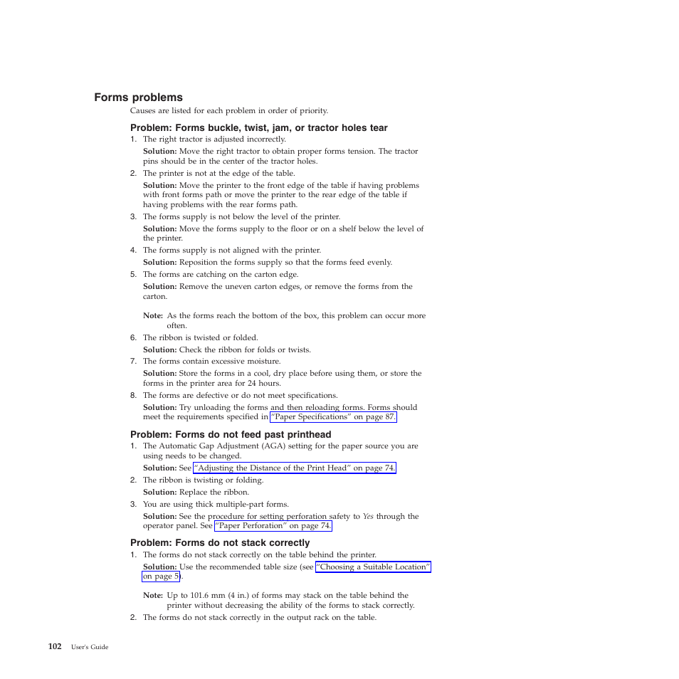 Forms problems, Problem: forms do not feed past printhead, Problem: forms do not stack correctly | Compuprint 4247-L03 User Manual | Page 114 / 142