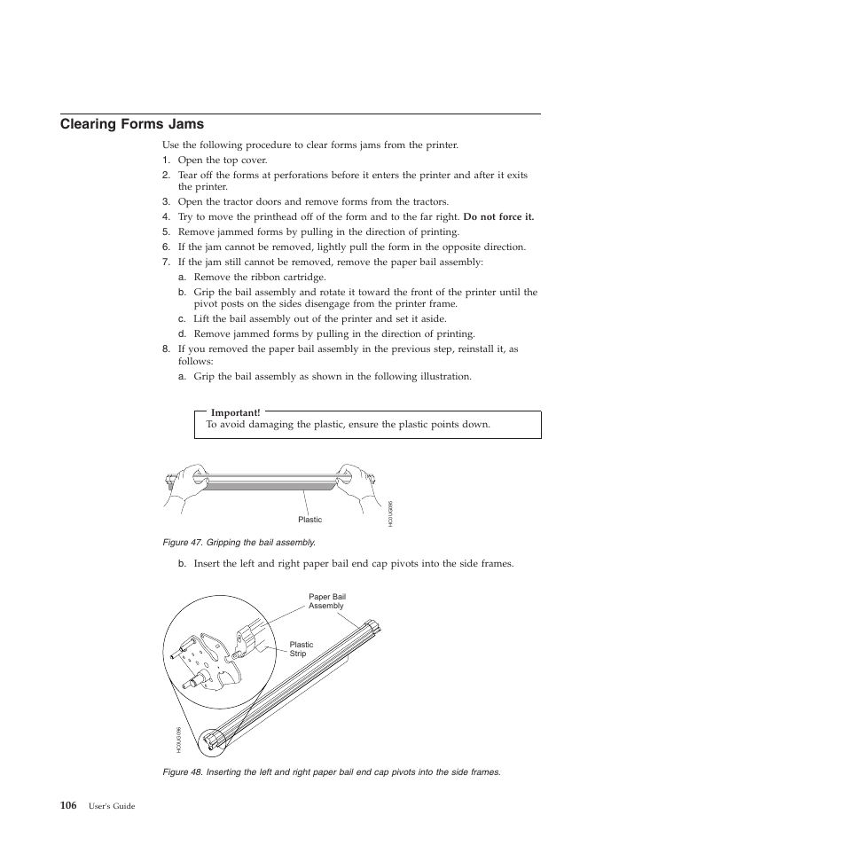 Clearing forms jams, Gripping the bail assembly | Compuprint 4247-L03 User Manual | Page 118 / 142