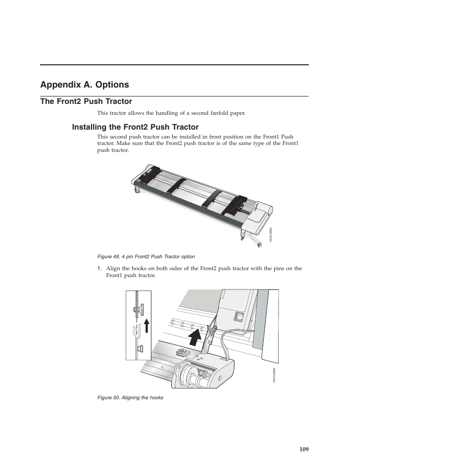 Appendix a. options, The front2 push tractor, Installing the front2 push tractor | 4 pin front2 push tractor option, Aligning the hooks | Compuprint 4247-L03 User Manual | Page 121 / 142