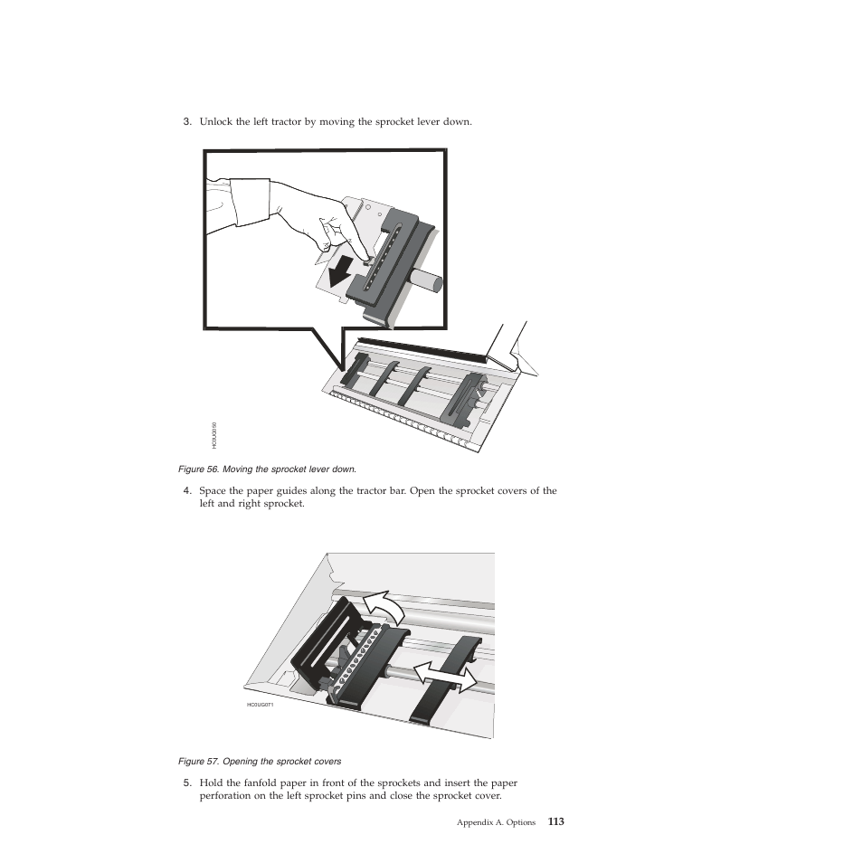 Moving the sprocket lever down, Opening the sprocket covers | Compuprint 4247-L03 User Manual | Page 125 / 142