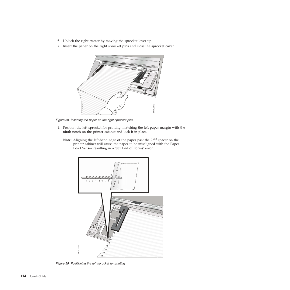 Inserting the paper on the right sprocket pins 114, Positioning the left sprocket for printing | Compuprint 4247-L03 User Manual | Page 126 / 142