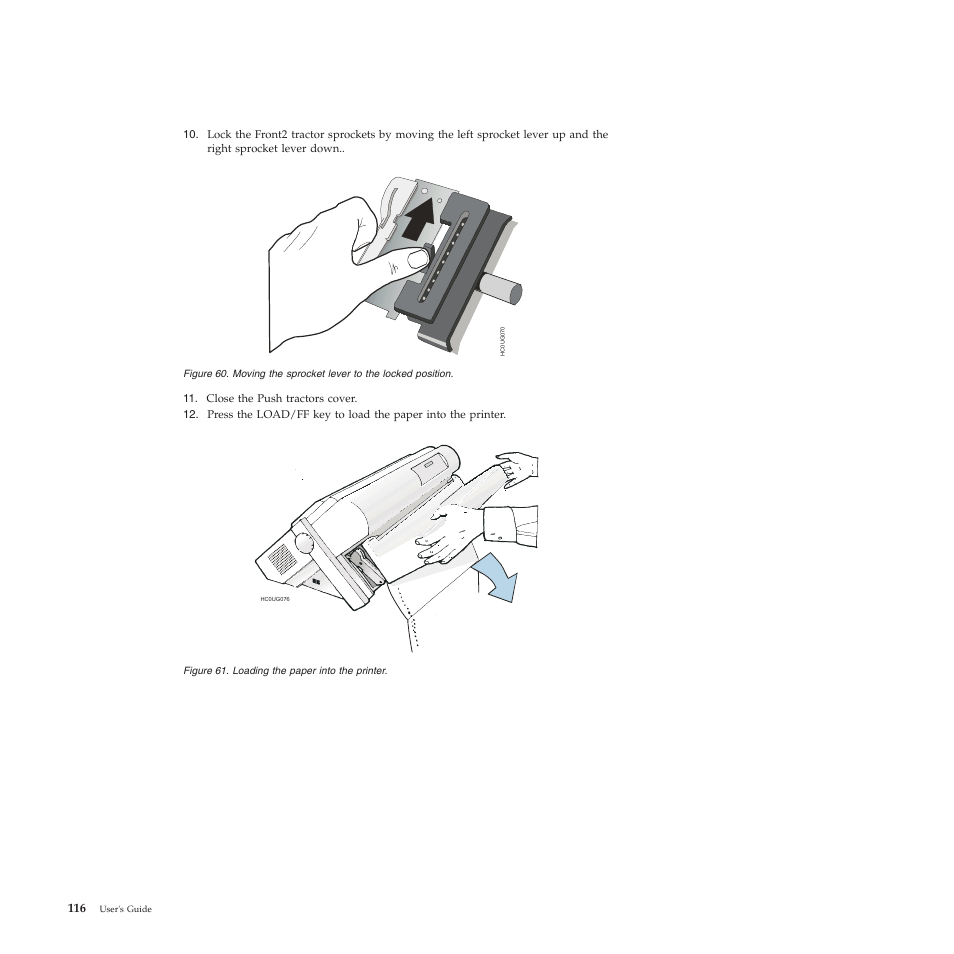 Moving the sprocket lever to the locked position, Loading the paper into the printer | Compuprint 4247-L03 User Manual | Page 128 / 142