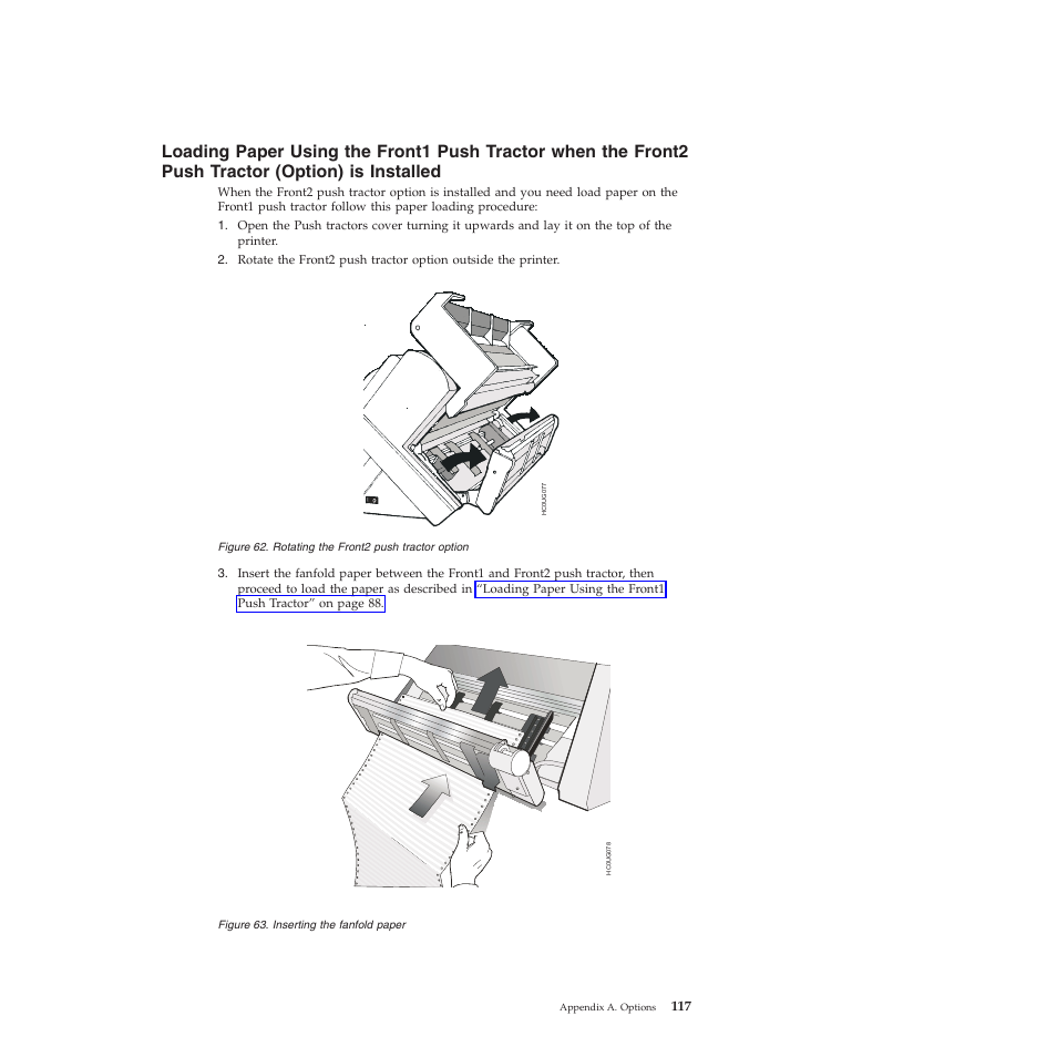 Rotating the front2 push tractor option, Inserting the fanfold paper | Compuprint 4247-L03 User Manual | Page 129 / 142