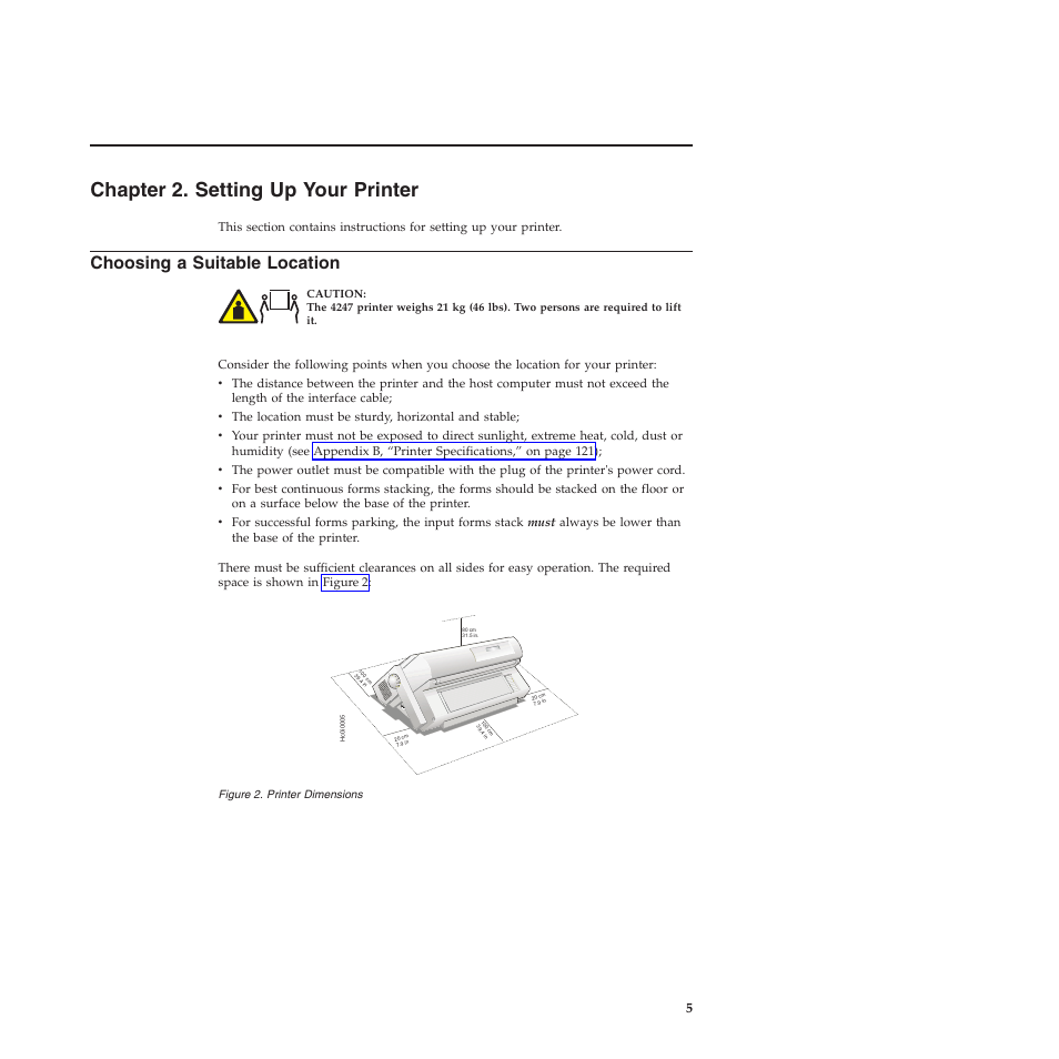 Chapter 2. setting up your printer, Choosing a suitable location, Printer dimensions | Compuprint 4247-L03 User Manual | Page 17 / 142