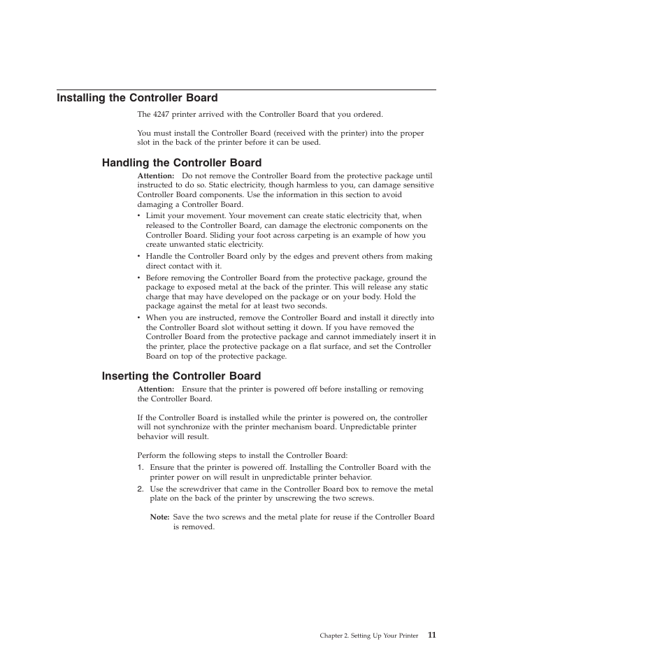 Installing the controller board, Handling the controller board, Inserting the controller board | Compuprint 4247-L03 User Manual | Page 23 / 142