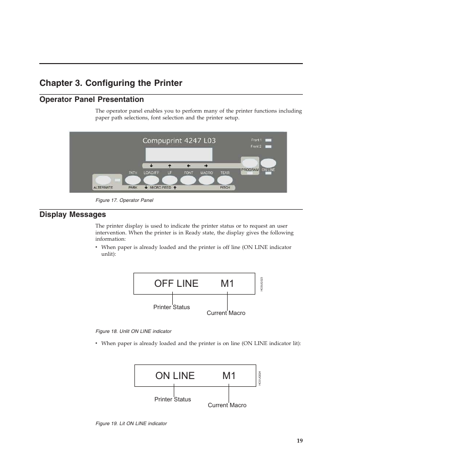 Chapter 3. configuring the printer, Operator panel presentation, Display messages | Operator panel, Unlit on line indicator, Lit on line indicator, Off line m1, On line m1 | Compuprint 4247-L03 User Manual | Page 31 / 142