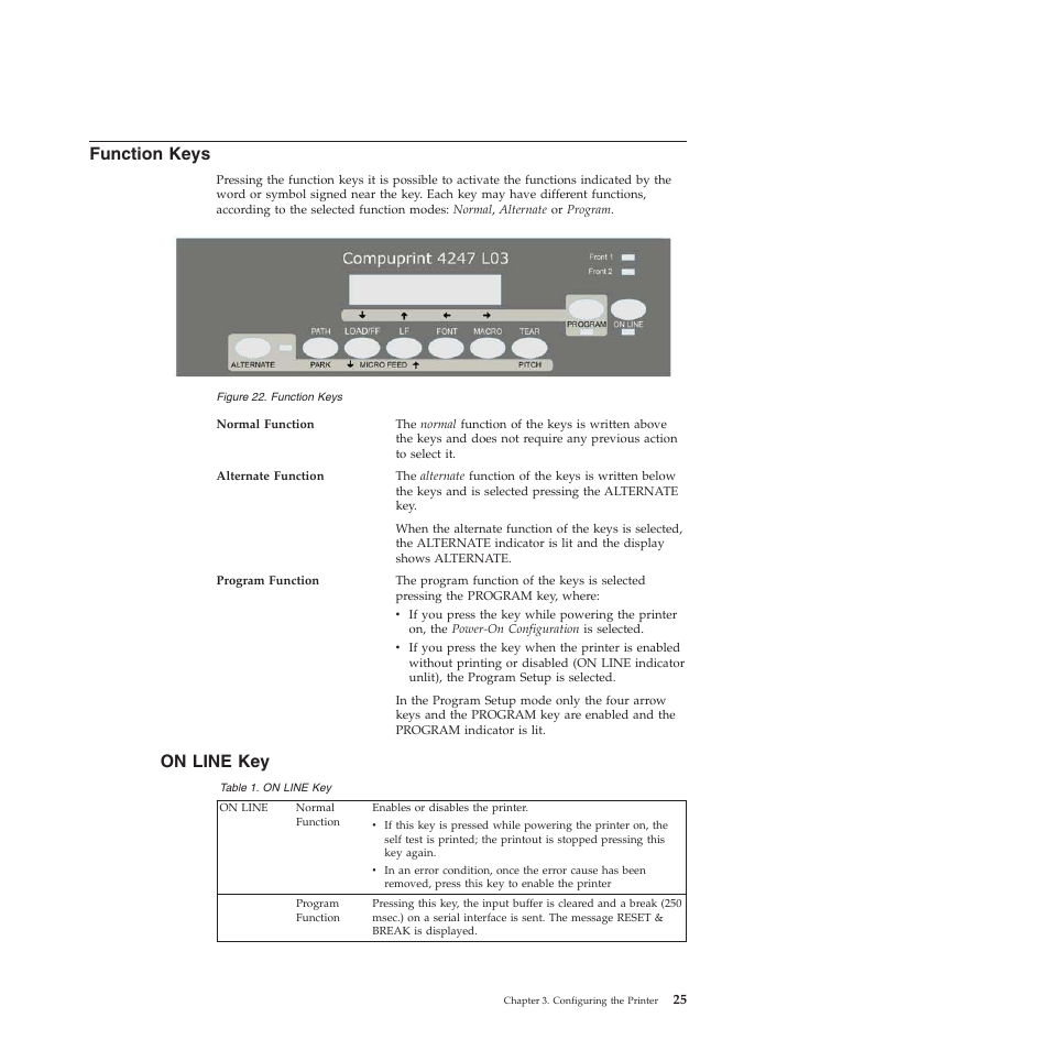 Function keys, On line key | Compuprint 4247-L03 User Manual | Page 37 / 142