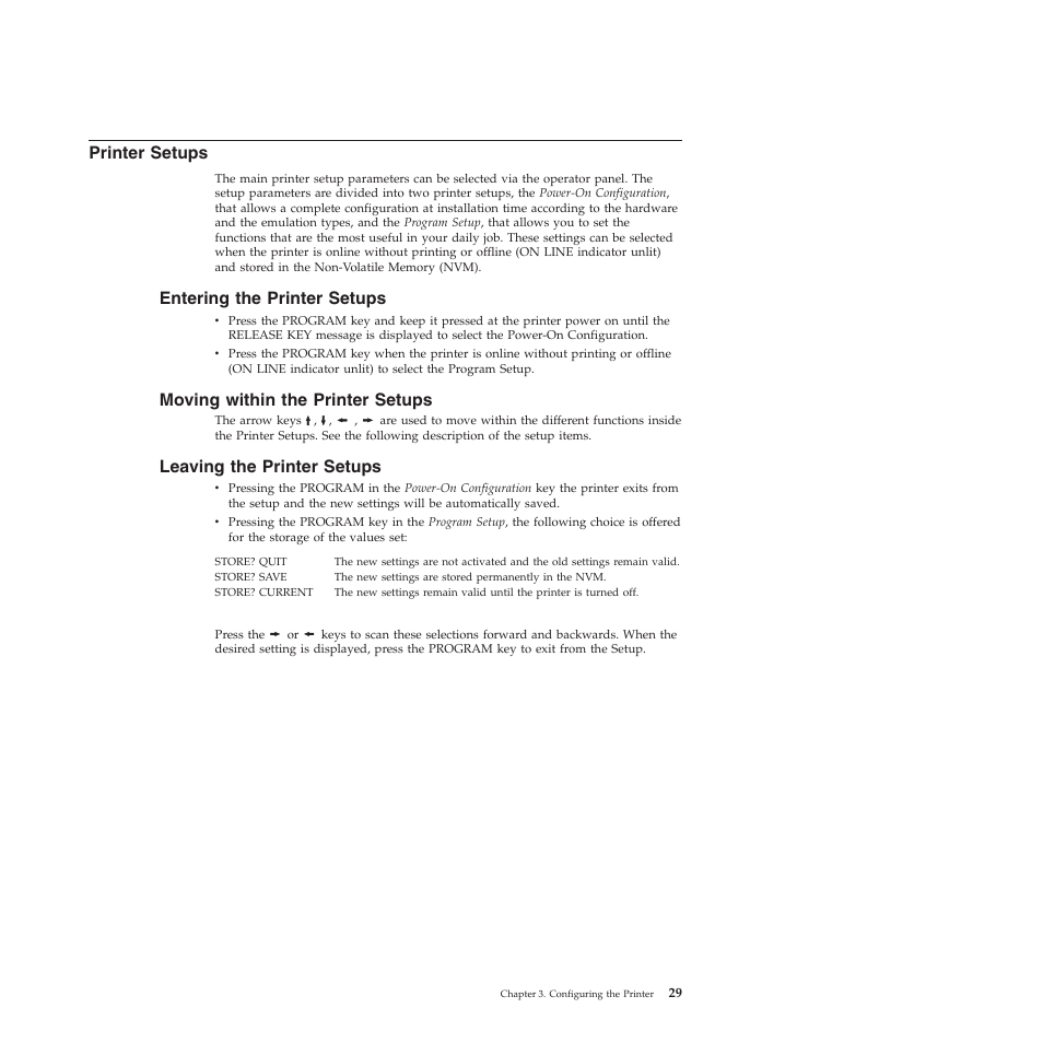 Printer setups, Entering the printer setups, Moving within the printer setups | Leaving the printer setups | Compuprint 4247-L03 User Manual | Page 41 / 142