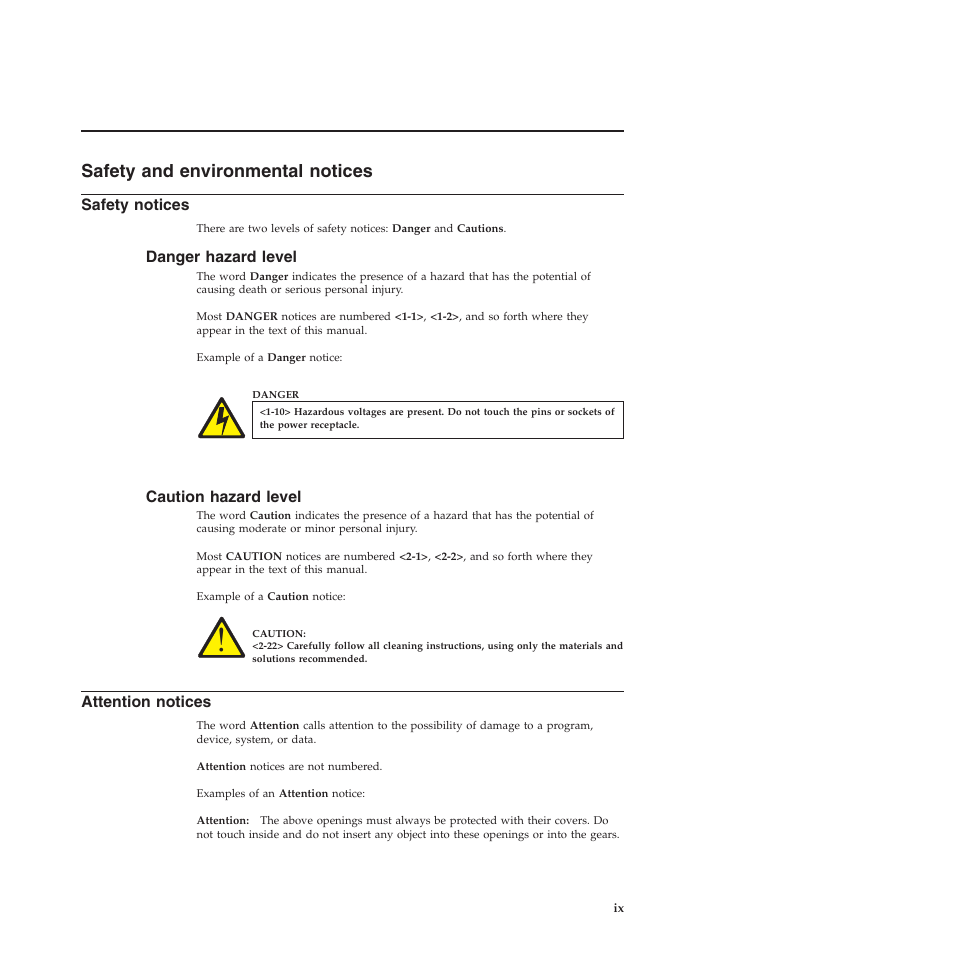 Safety and environmental notices, Safety notices, Danger hazard level | Caution hazard level, Attention notices, Safety and environmental notices . . . ix | Compuprint 4247-L03 User Manual | Page 9 / 142