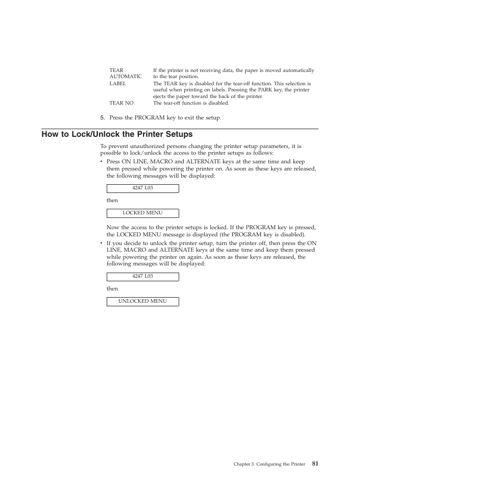 How to lock/unlock the printer setups | Compuprint 4247-L03 User Manual | Page 93 / 142