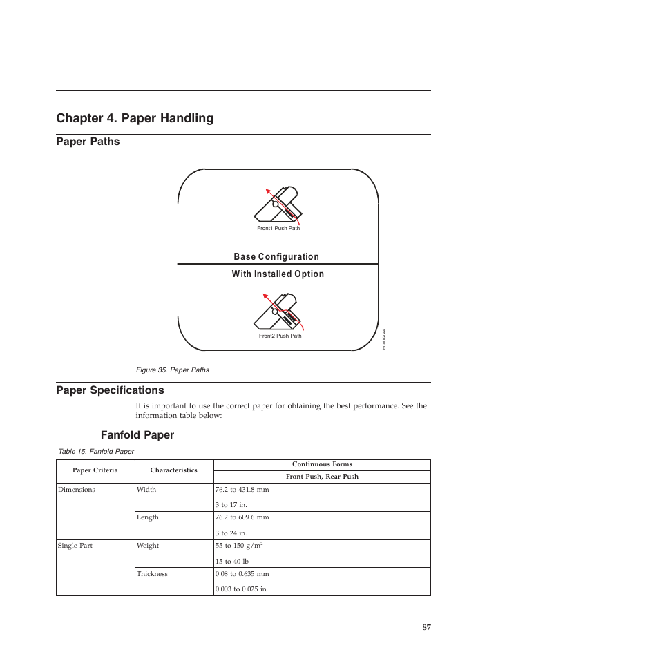 Chapter 4. paper handling, Paper paths, Paper specifications | Fanfold paper, Paper paths paper specifications | Compuprint 4247-L03 User Manual | Page 99 / 142