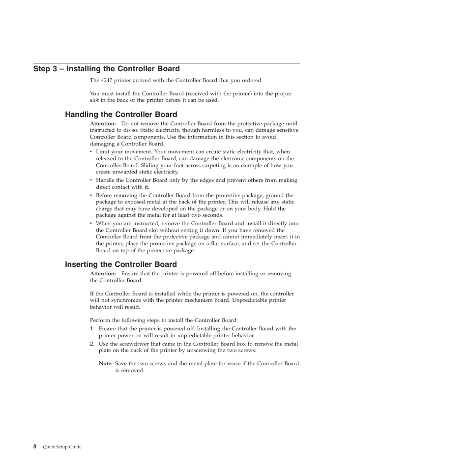 Step 3 – installing the controller board, Handling the controller board, Inserting the controller board | Compuprint 4247-L03 Quick Start User Manual | Page 16 / 38