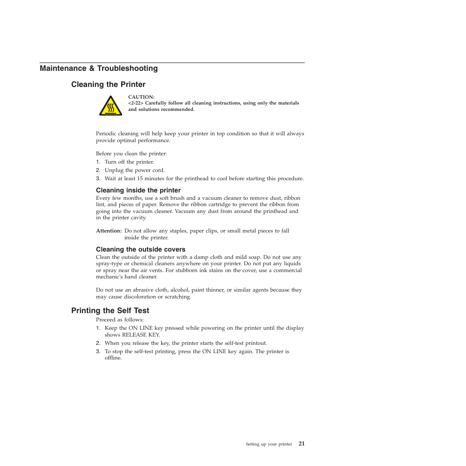 Maintenance & troubleshooting, Cleaning the printer, Cleaning inside the printer | Cleaning the outside covers, Printing the self test, Maintenance & troubleshooting cleaning the printer | Compuprint 4247-L03 Quick Start User Manual | Page 29 / 38