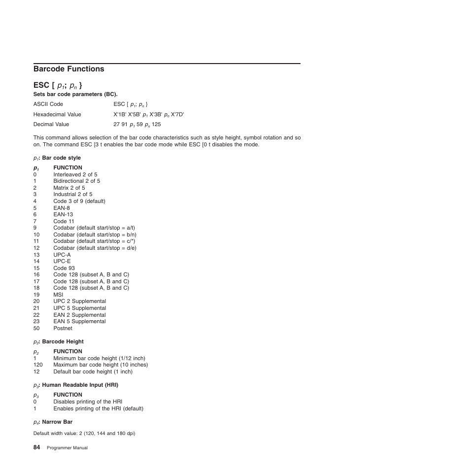 Barcode functions, Esc [ p1; pn, Esc [ p | Sets bar code parameters (bc) (ansi), Barcode functions esc [ p | Compuprint 4247-L03 Programmer Manua User Manual | Page 100 / 204
