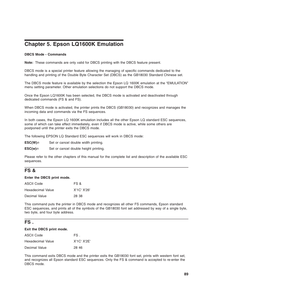 Chapter 5. epson lq1600k emulation, Chapter 5. epson lq1600k emulation fs & fs, Enter the dbcs print mode | Exit the dbcs print mode | Compuprint 4247-L03 Programmer Manua User Manual | Page 105 / 204