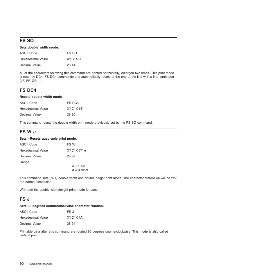 Fs so, Fs dc4, Fs w n | Fs j, Fs dc4 fs w n fs j, Resets double width mode, Sets double width mode, Sets - resets quadruple print mode | Compuprint 4247-L03 Programmer Manua User Manual | Page 106 / 204