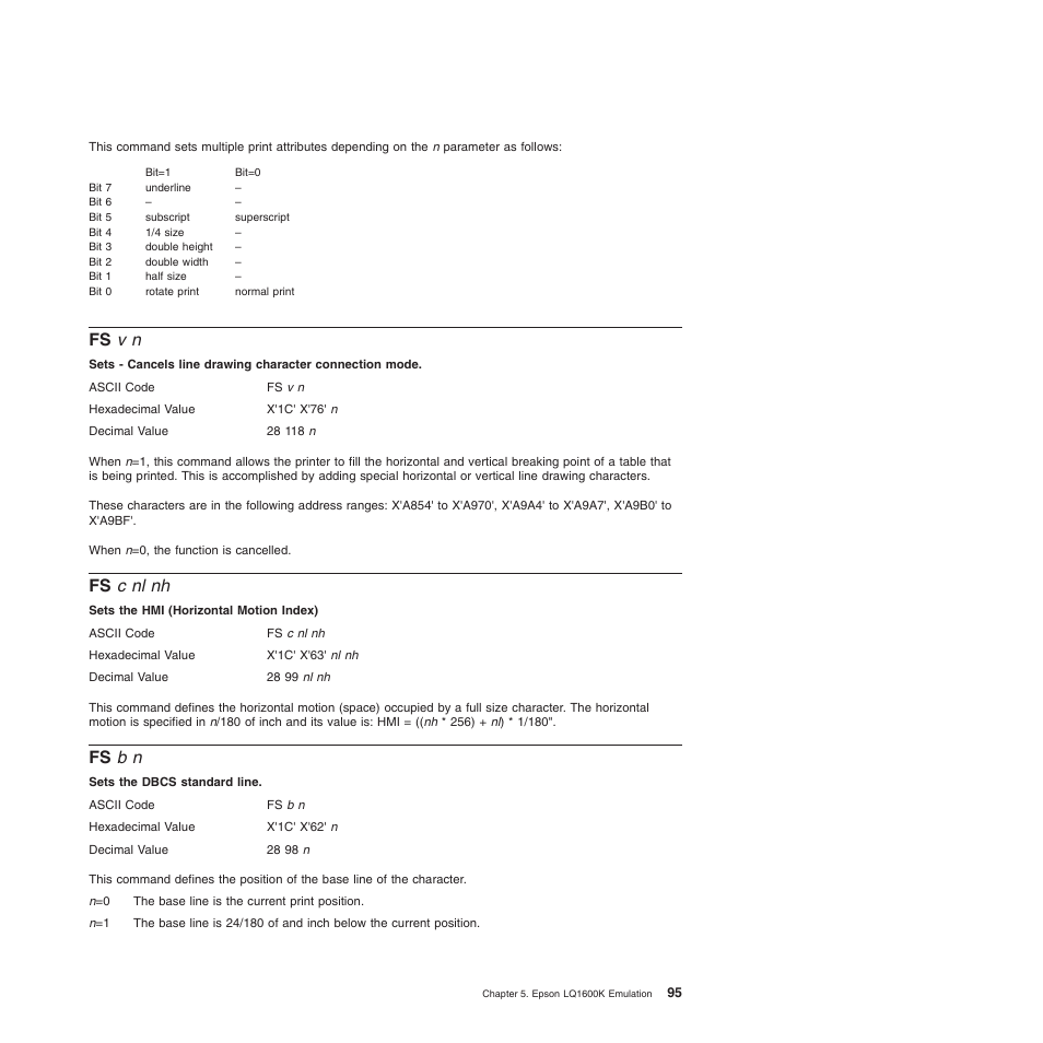 Fs v n, Fs c nl nh, Fs b n | Fs c nl nh fs b n, Sets the dbcs standard line, Sets the hmi (horizontal motion index) | Compuprint 4247-L03 Programmer Manua User Manual | Page 111 / 204