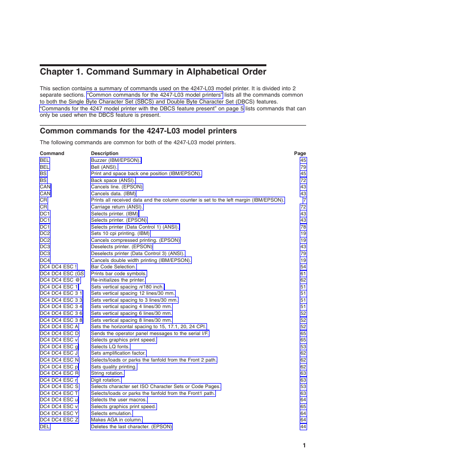 Chapter 1. command summary in alphabetical order, Common commands for the 4247-l03 model printers | Compuprint 4247-L03 Programmer Manua User Manual | Page 17 / 204