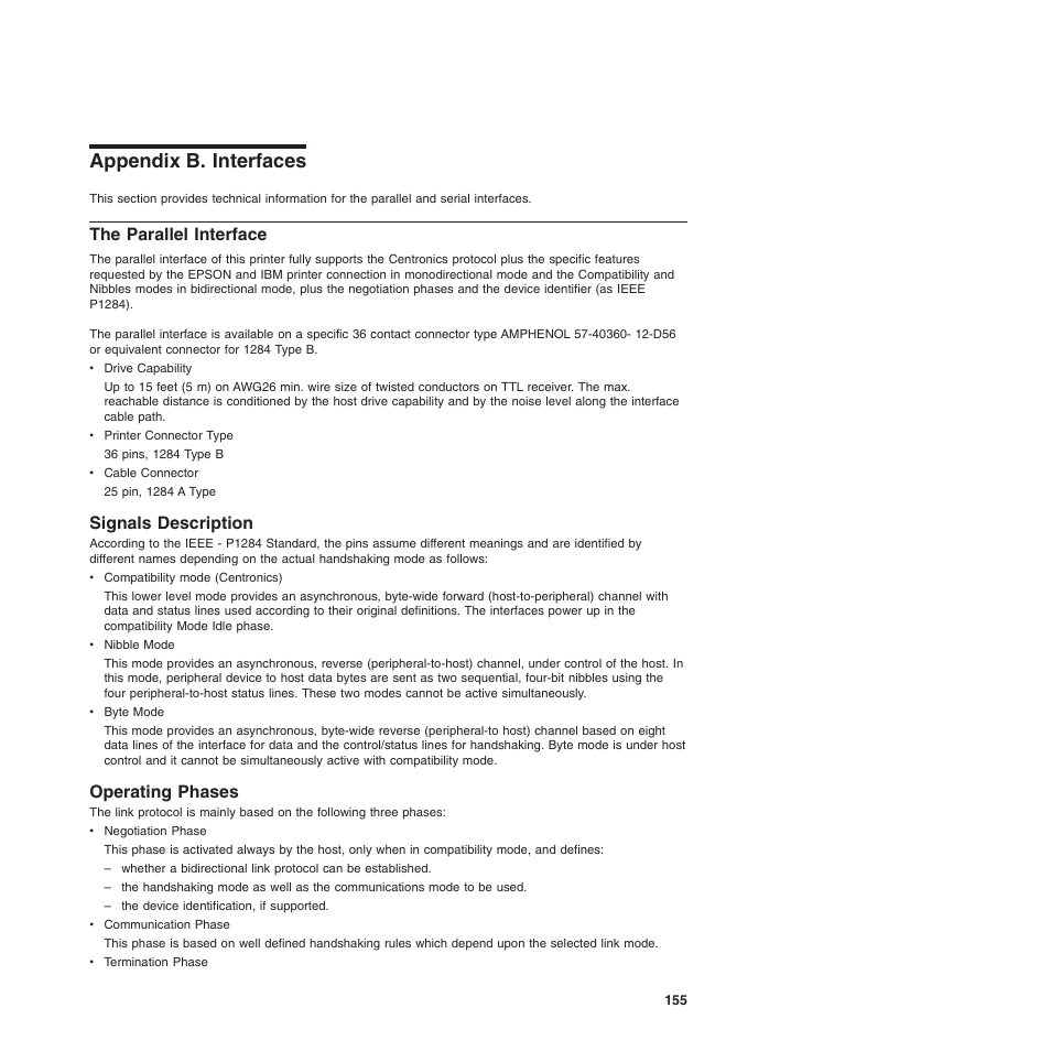 Appendix b. interfaces, The parallel interface, Signals description | Operating phases, Signals description operating phases | Compuprint 4247-L03 Programmer Manua User Manual | Page 171 / 204