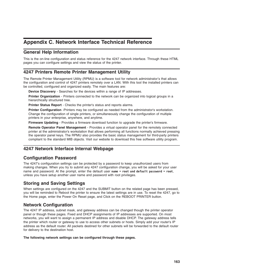 Appendix c. network interface technical reference, General help information, 4247 printers remote printer management utility | Configuration password, Storing and saving settings, Network configuration, Configuration password storing and saving settings | Compuprint 4247-L03 Programmer Manua User Manual | Page 179 / 204