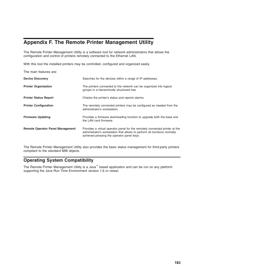 Appendix f. the remote printer management utility, Operating system compatibility | Compuprint 4247-L03 Programmer Manua User Manual | Page 199 / 204