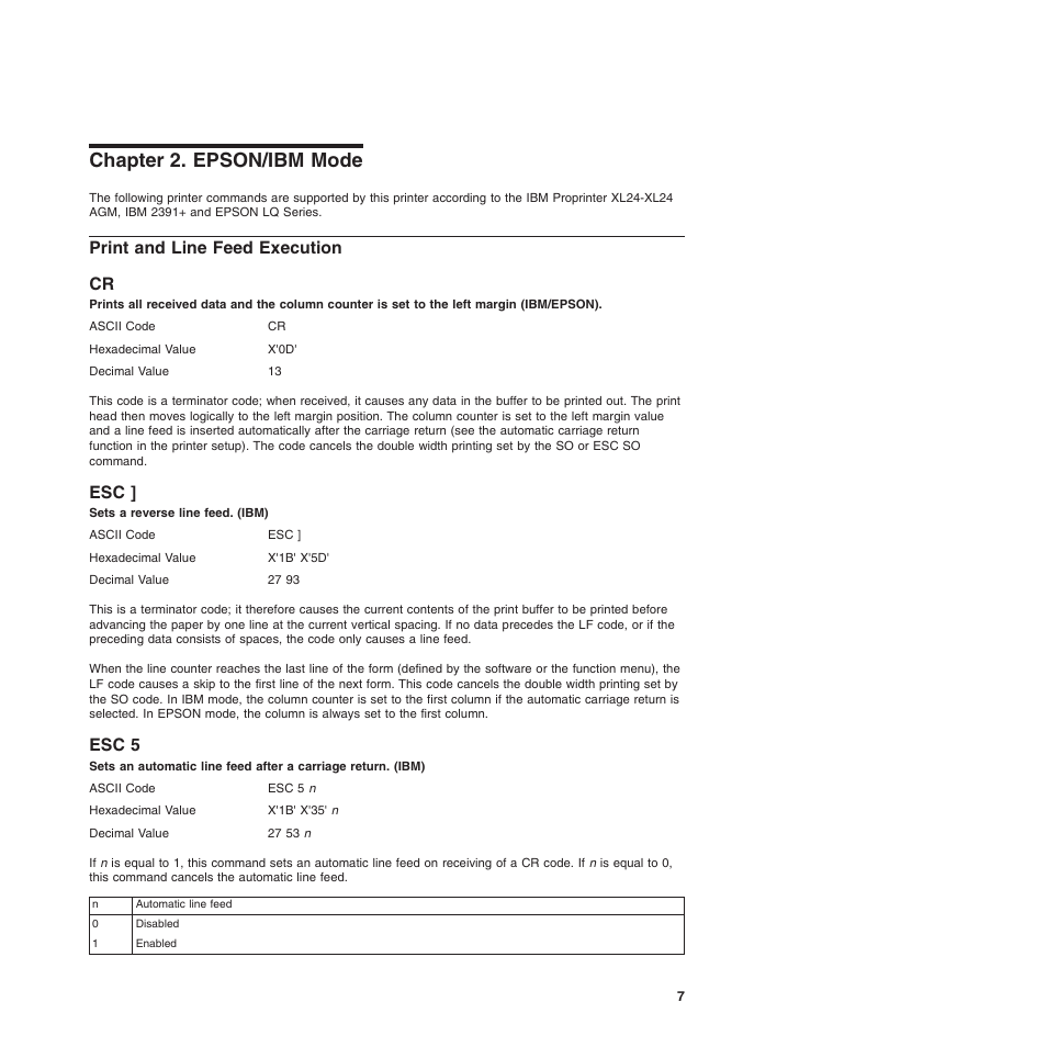Chapter 2. epson/ibm mode, Print and line feed execution, Esc 5 | Cr esc ] esc 5, Sets a reverse line feed. (ibm), Print and line feed execution cr | Compuprint 4247-L03 Programmer Manua User Manual | Page 23 / 204