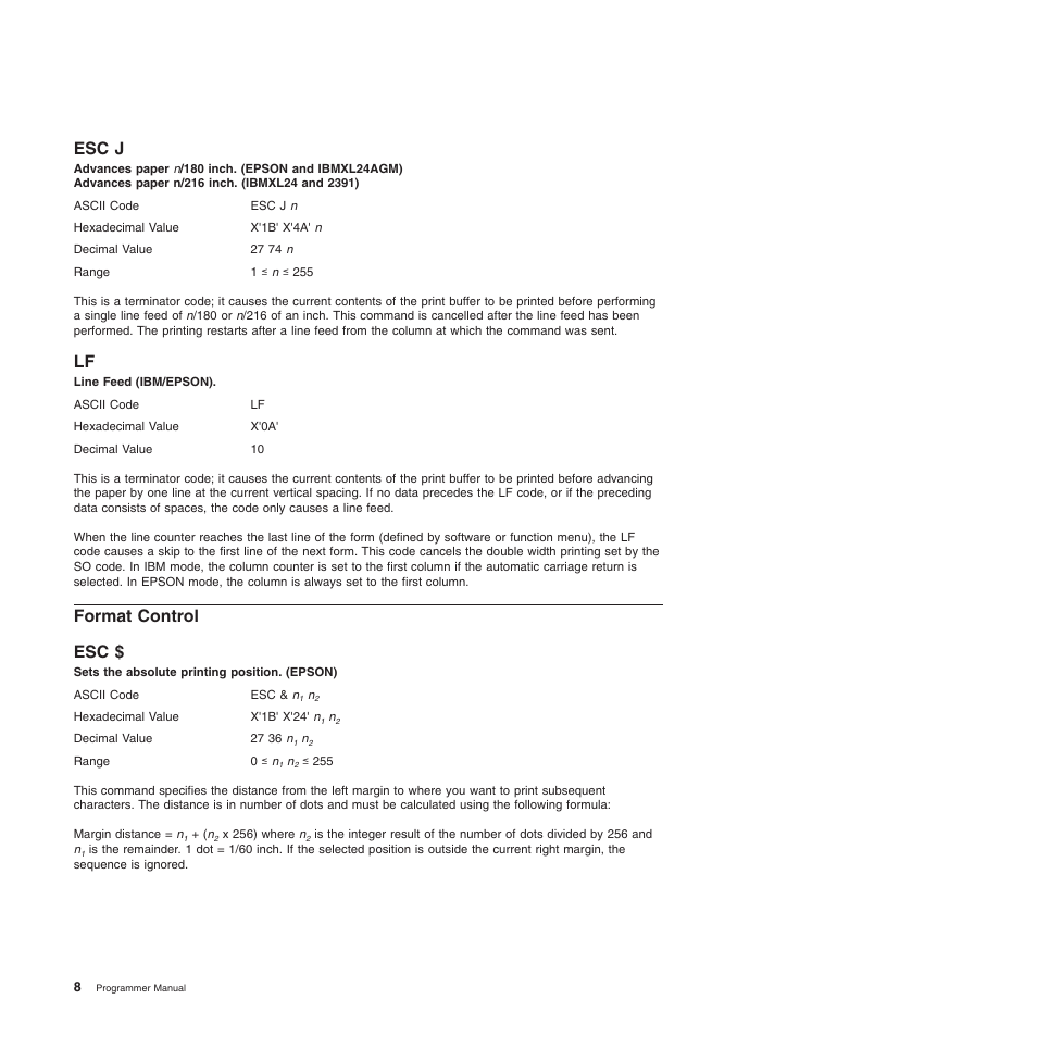 Esc j, Format control, Esc j lf | Sets the absolute printing position. (epson), Line feed (ibm/epson), Format control esc | Compuprint 4247-L03 Programmer Manua User Manual | Page 24 / 204