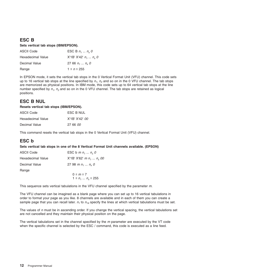 Esc b, Esc b nul, Sets vertical tab stops (ibm/epson) | Resets vertical tab stops (ibm/epson) | Compuprint 4247-L03 Programmer Manua User Manual | Page 28 / 204