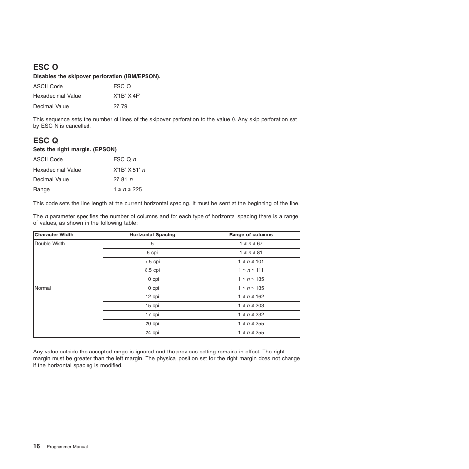 Esc o, Esc q, Esc o esc q | Disables the skipover perforation (ibm/epson), Sets the right margin. (epson) | Compuprint 4247-L03 Programmer Manua User Manual | Page 32 / 204