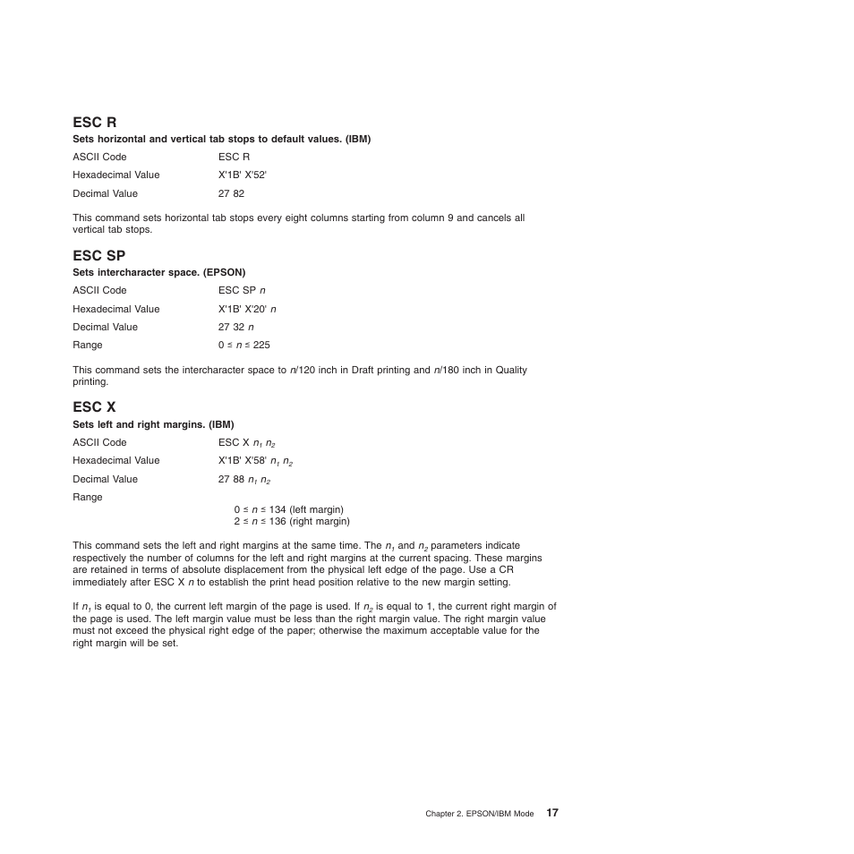 Esc r, Esc sp, Esc x | Esc sp esc x, Sets intercharacter space. (epson), Sets left and right margins. (ibm) | Compuprint 4247-L03 Programmer Manua User Manual | Page 33 / 204