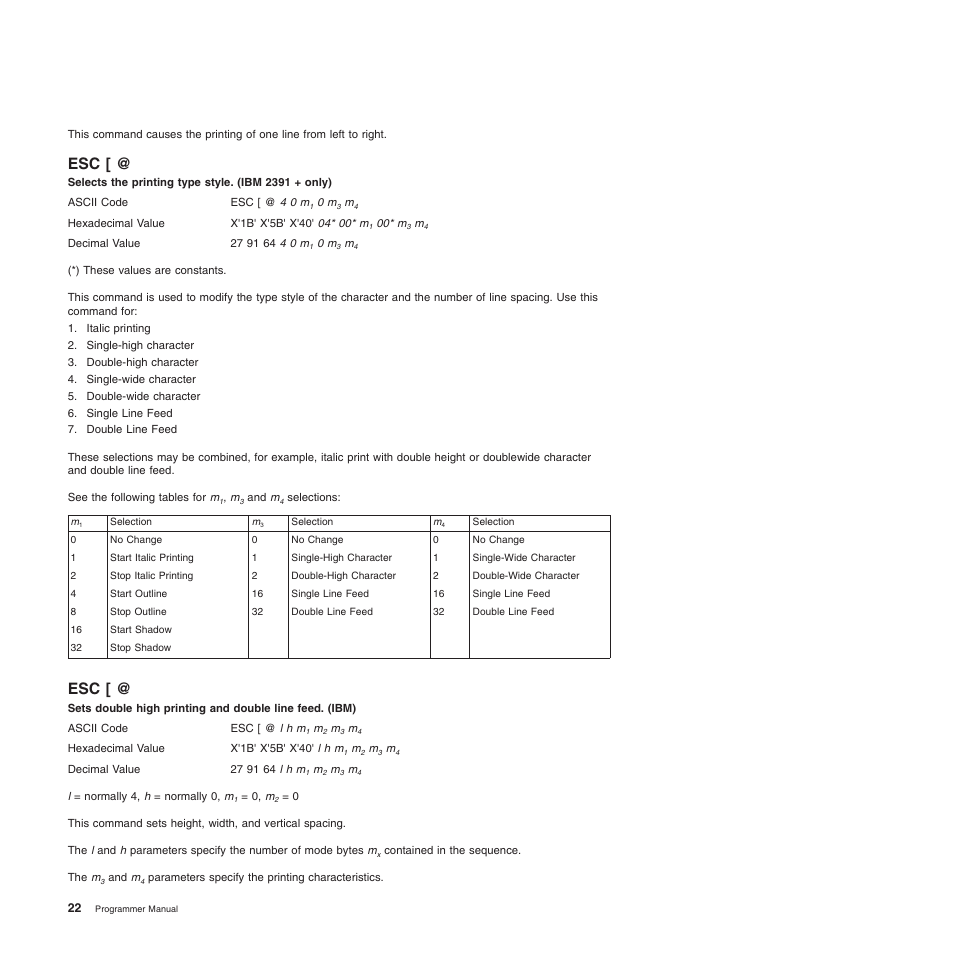 Esc [ @ esc, Selects the printing type style. (ibm 2391 + only) | Compuprint 4247-L03 Programmer Manua User Manual | Page 38 / 204