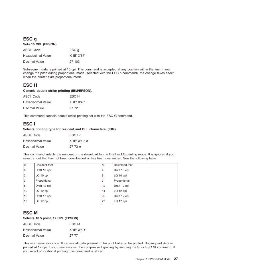 Esc g, Esc h, Esc i | Esc m, Esc i esc m, Sets 15 cpi. (epson), Cancels double strike printing (ibm/epson), Selects 10.5 point. 12 cpi. (epson) | Compuprint 4247-L03 Programmer Manua User Manual | Page 43 / 204
