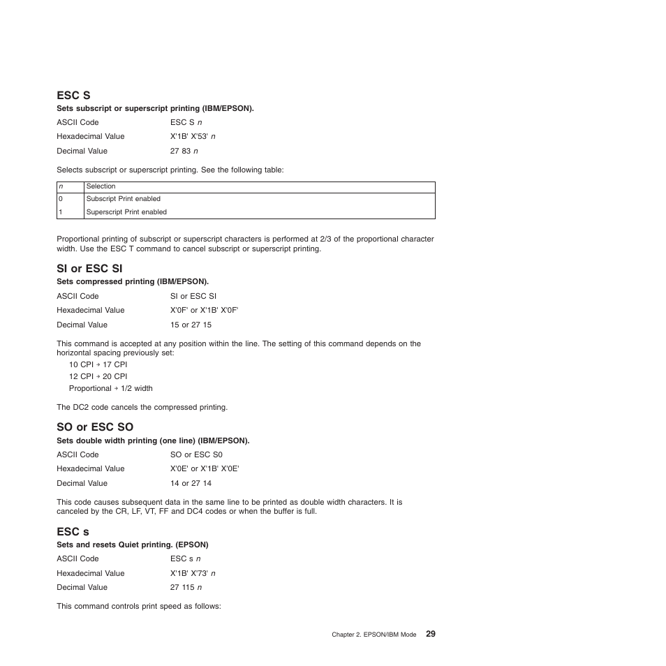 Esc s, Si or esc si, So or esc so | Si or esc si so or esc so esc s, Sets subscript or superscript printing (ibm/epson), Sets and resets quiet printing. (epson), Sets compressed printing (ibm/epson), Sets double width printing (one line) (ibm/epson) | Compuprint 4247-L03 Programmer Manua User Manual | Page 45 / 204