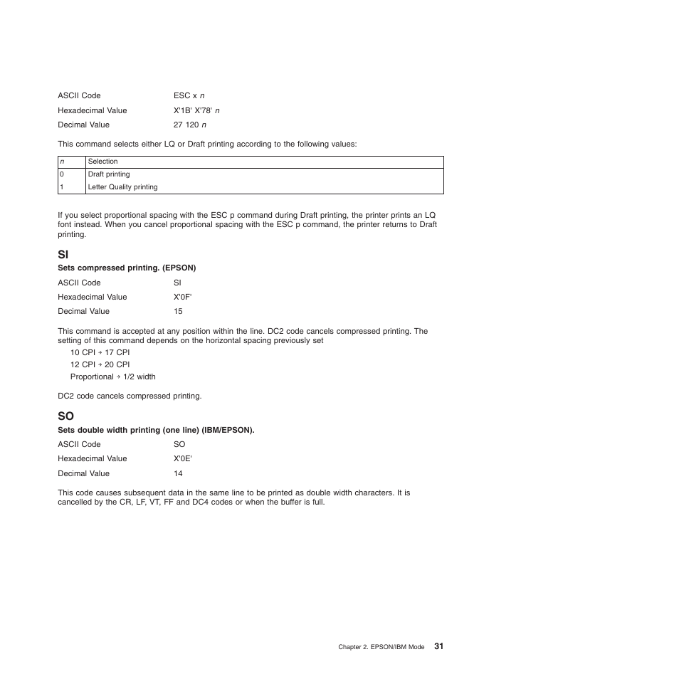 Si so, Sets compressed printing. (epson), Sets double width printing (one line) (ibm/epson) | Compuprint 4247-L03 Programmer Manua User Manual | Page 47 / 204