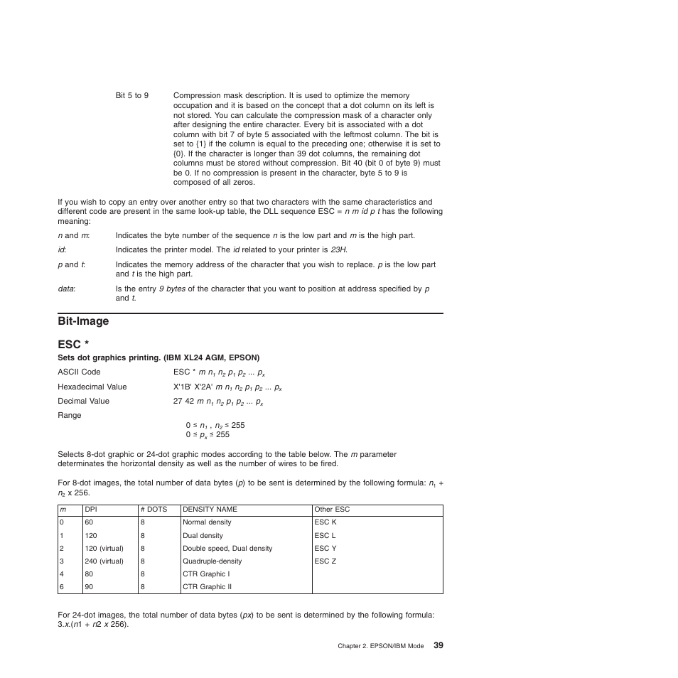 Bit-image, Sets dot graphics printing. (ibm xl24 agm, epson), Bit-image esc | Compuprint 4247-L03 Programmer Manua User Manual | Page 55 / 204