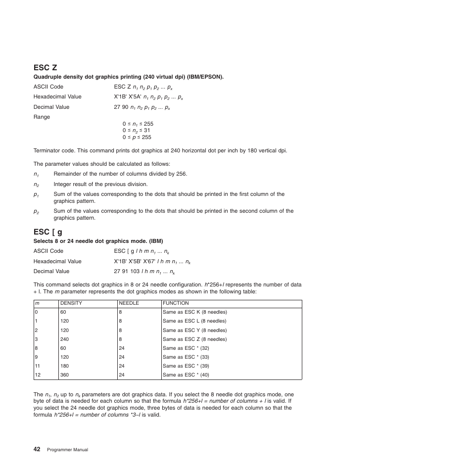 Esc z, Esc [ g, Selects 8 or 24 needle dot graphics mode. (ibm) | Compuprint 4247-L03 Programmer Manua User Manual | Page 58 / 204