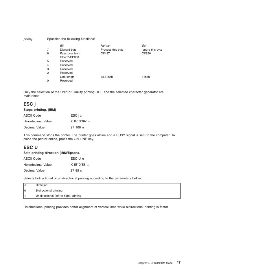 Esc j, Esc u, Esc j esc u | Stops printing. (ibm), Sets printing direction (ibm/epson) | Compuprint 4247-L03 Programmer Manua User Manual | Page 63 / 204