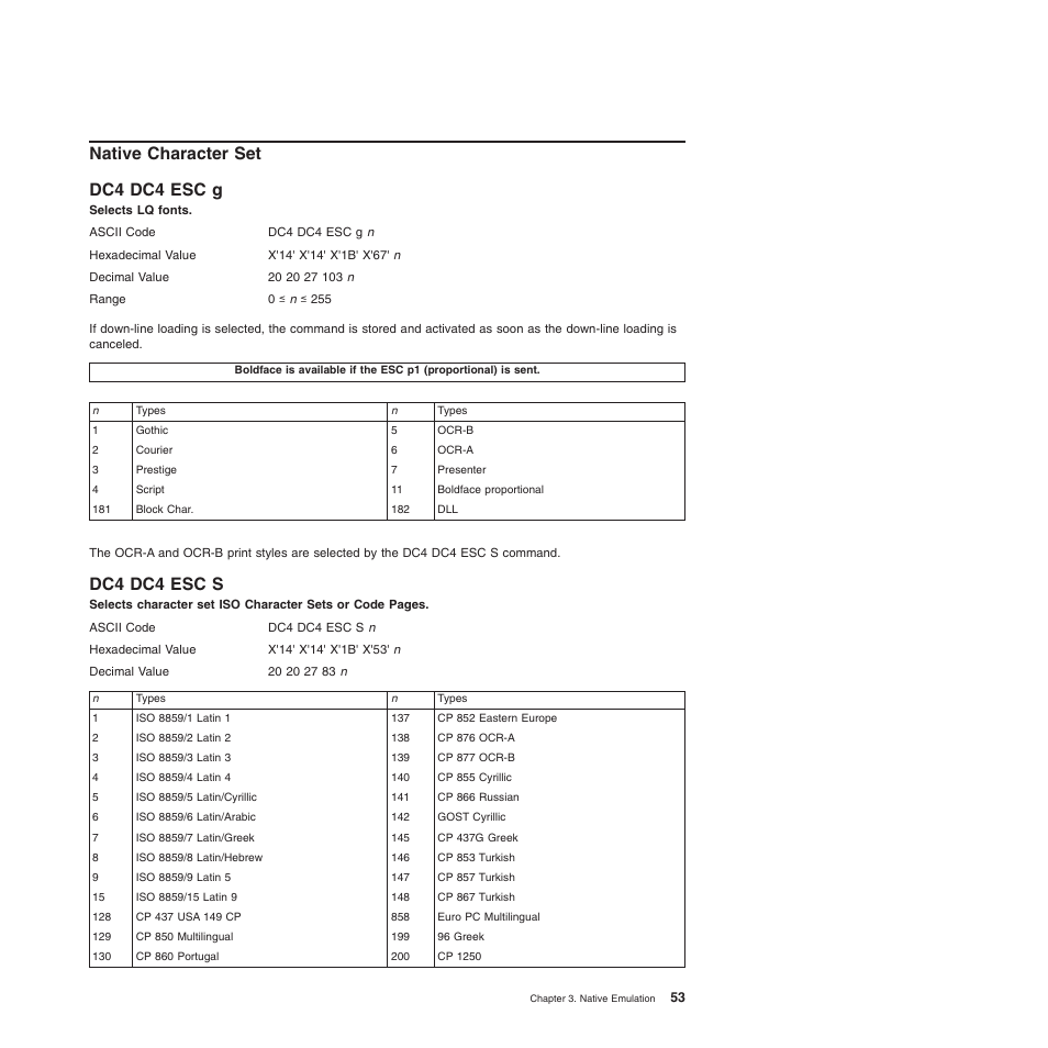 Native character set, Dc4 dc4 esc g, Dc4 dc4 esc s | Dc4 dc4 esc g dc4 dc4 esc s, Selects lq fonts, Native character set dc4 dc4 esc g | Compuprint 4247-L03 Programmer Manua User Manual | Page 69 / 204