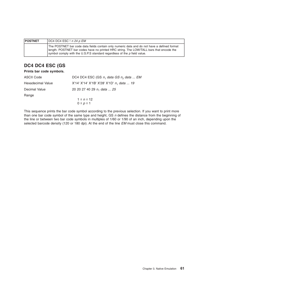 Dc4 dc4 esc (gs, Prints bar code symbols | Compuprint 4247-L03 Programmer Manua User Manual | Page 77 / 204