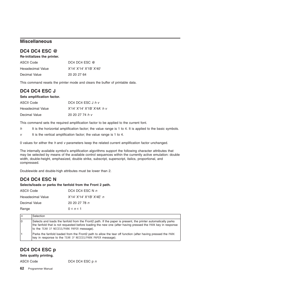 Miscellaneous, Dc4 dc4 esc, Dc4 dc4 esc j | Dc4 dc4 esc n, Dc4 dc4 esc p, Dc4 dc4 esc @ dc4 dc4 esc j dc4 dc4 esc n, Re-initializes the printer, Sets amplification factor, Sets quality printing, Miscellaneous dc4 dc4 esc | Compuprint 4247-L03 Programmer Manua User Manual | Page 78 / 204