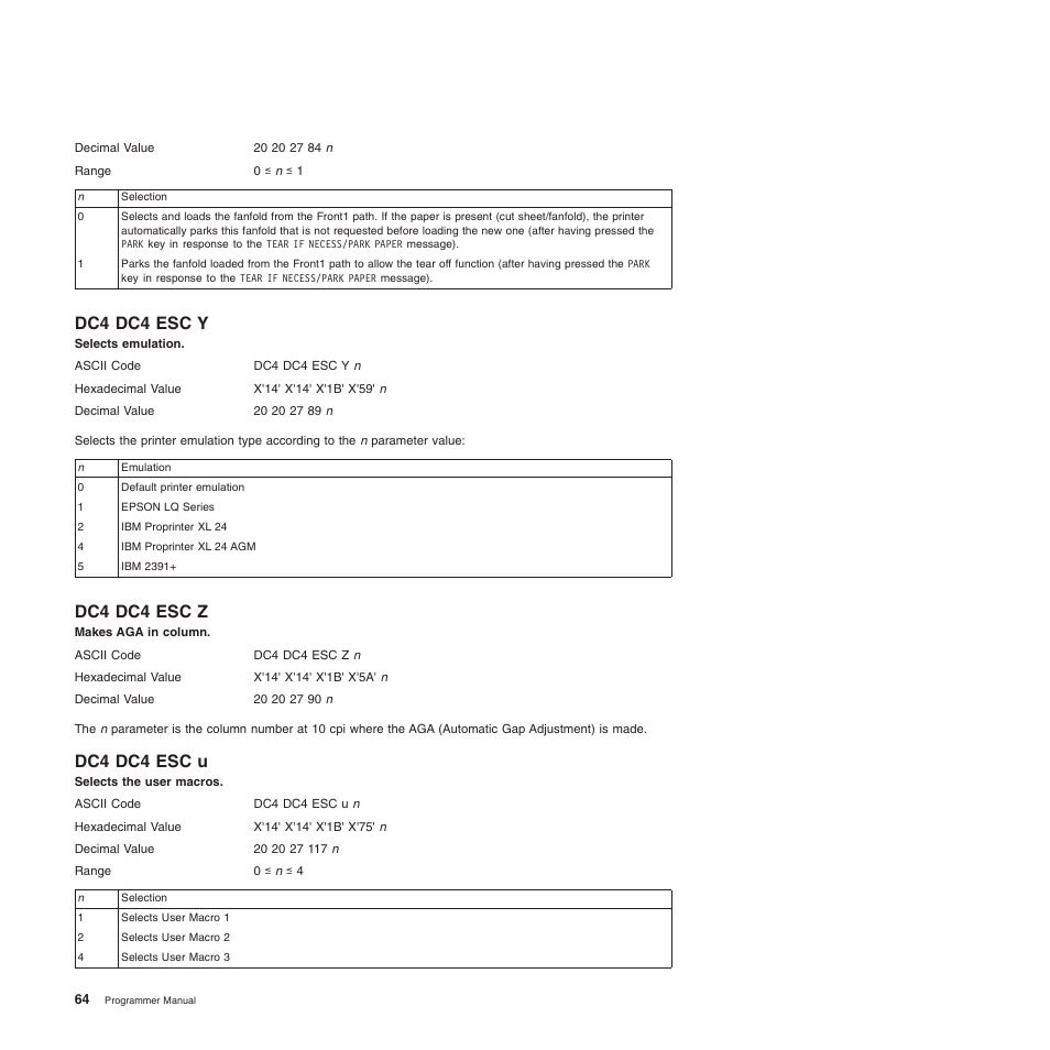 Dc4 dc4 esc y, Dc4 dc4 esc z, Dc4 dc4 esc u | Selects the user macros, Selects emulation, Makes aga in column | Compuprint 4247-L03 Programmer Manua User Manual | Page 80 / 204