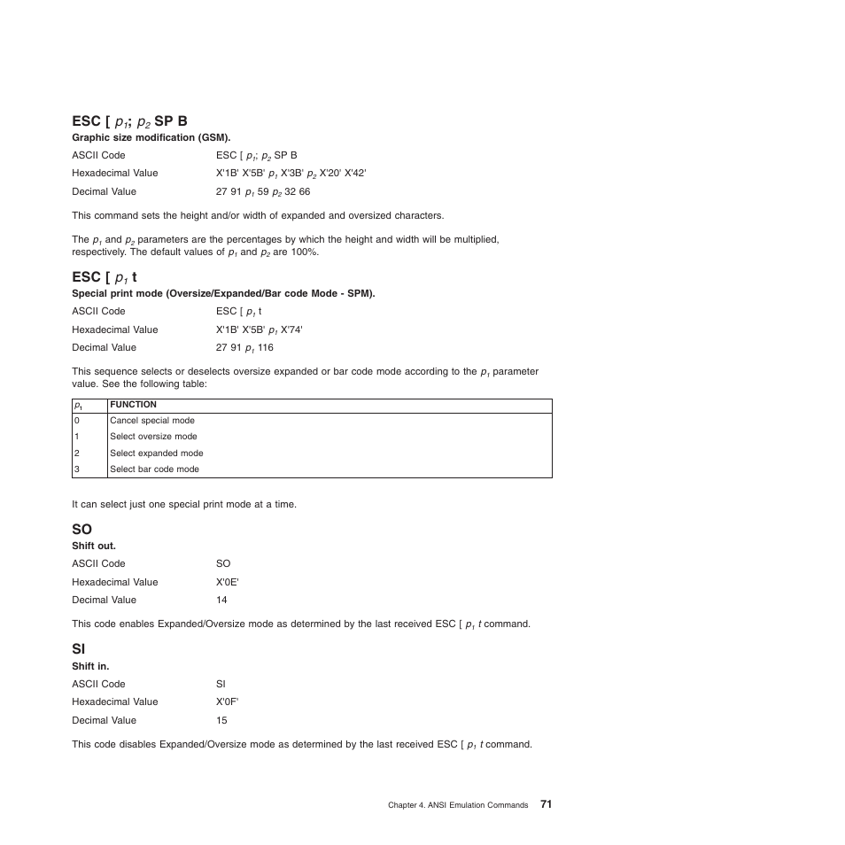 Esc [ p1; p2 sp b, Esc [ p1 t, Esc [ p | Sp b, So si, Graphic size modification (gsm) (ansi), Shift in (ansi), Shift out (ansi) | Compuprint 4247-L03 Programmer Manua User Manual | Page 87 / 204